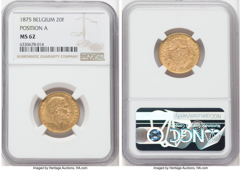 Leopold II gold 20 Francs 1875 MS62 NGC, Brussels mint, KM37, Fr-412. Position A...