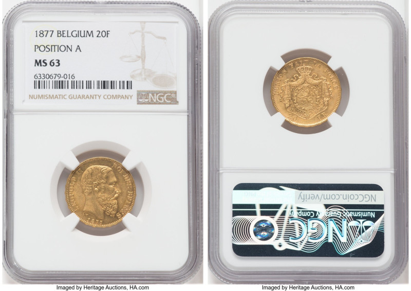 Leopold II gold 20 Francs 1877 MS63 NGC, Brussels mint, KM37, Fr-412. Position A...