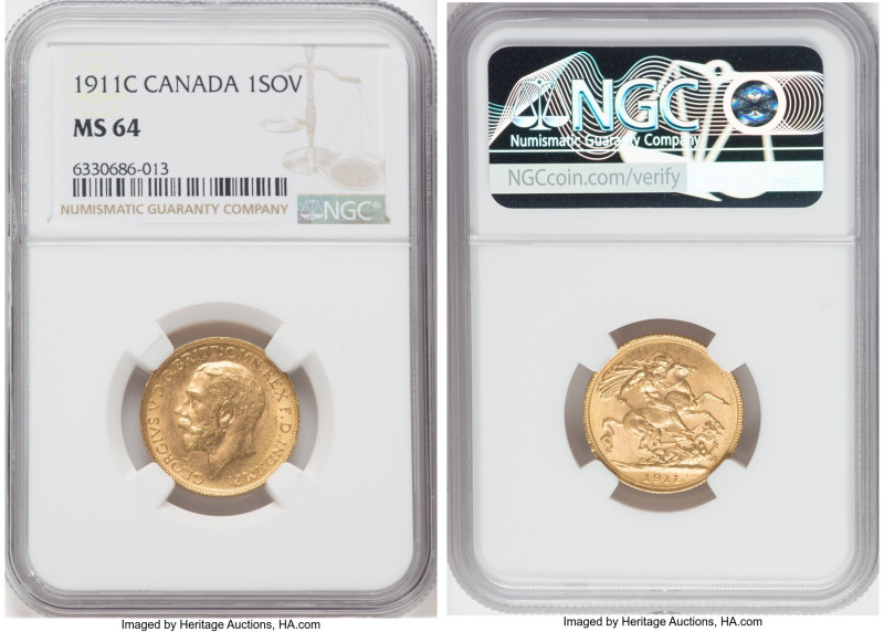 George V gold Sovereign 1911-C MS64 NGC, Ottawa mint, KM20, Fr-3997. Olive tone ...