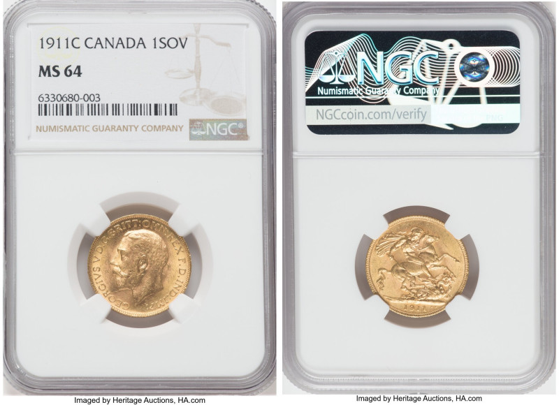 George V gold Sovereign 1911-C MS64 NGC, Ottawa mint, KM20, Fr-3997. Golden lust...