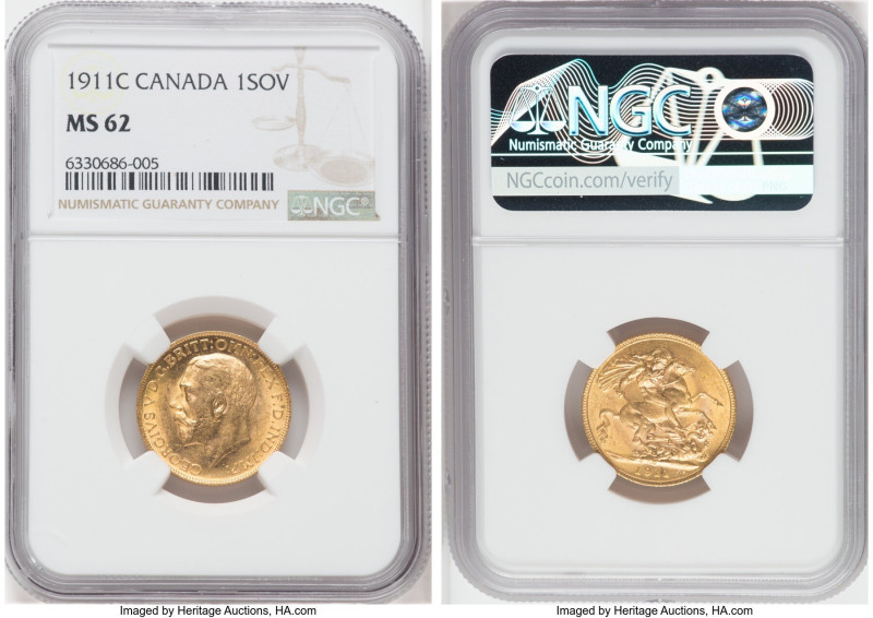 George V gold Sovereign 1911-C MS62 NGC, Ottawa mint, KM20, Fr-3997. Honeyed gol...