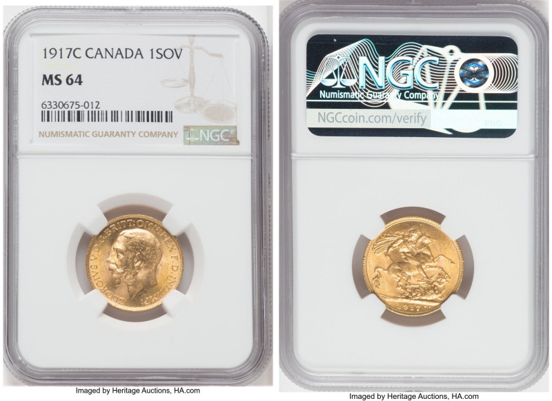 George V gold Sovereign 1917-C MS64 NGC, Ottawa mint, KM20. Apricot toned with s...