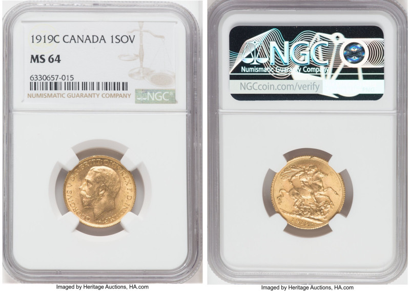 George V gold Sovereign 1919-C MS64 NGC, Ottawa mint, KM20. Satin luster with op...