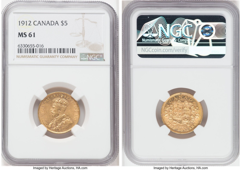 George V gold 5 Dollars 1912 MS61 NGC, Ottawa mint, KM26, Three year type. Golde...