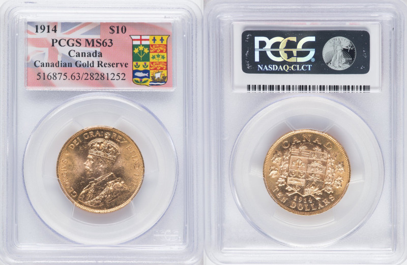 George V gold 10 Dollars 1914 MS63 PCGS, Ottawa mint, KM27. Three year type. Can...