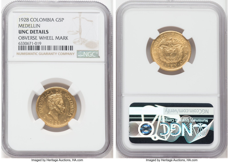 Republic gold 5 Pesos 1928 UNC Details (Obverse Wheel Mark) NGC, Medellin (MFDFL...