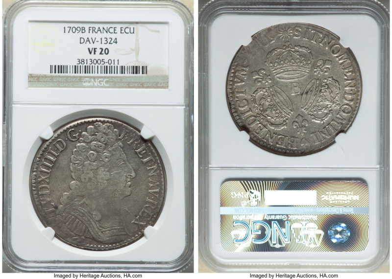 Louis XIV Ecu 1709-B VF20 NGC, Rouen mint, KM386.2, Dav-1324. Ecu aux 3 Couronne...