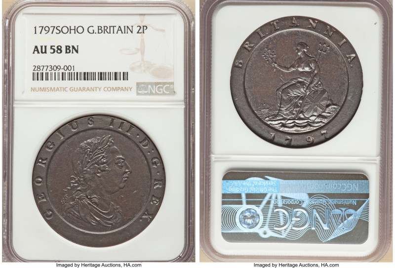 George III "Cartwheel" 2 Pence 1797-SOHO AU58 Brown NGC, Soho mint, KM619, S-377...