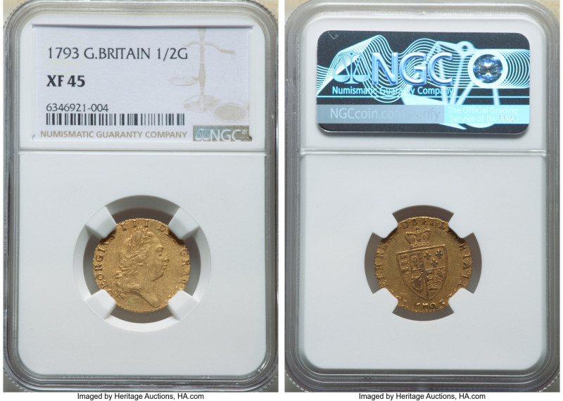 George III gold 1/2 Guinea 1793 XF45 NGC, KM608, S-3735. Fifth laureate head wit...