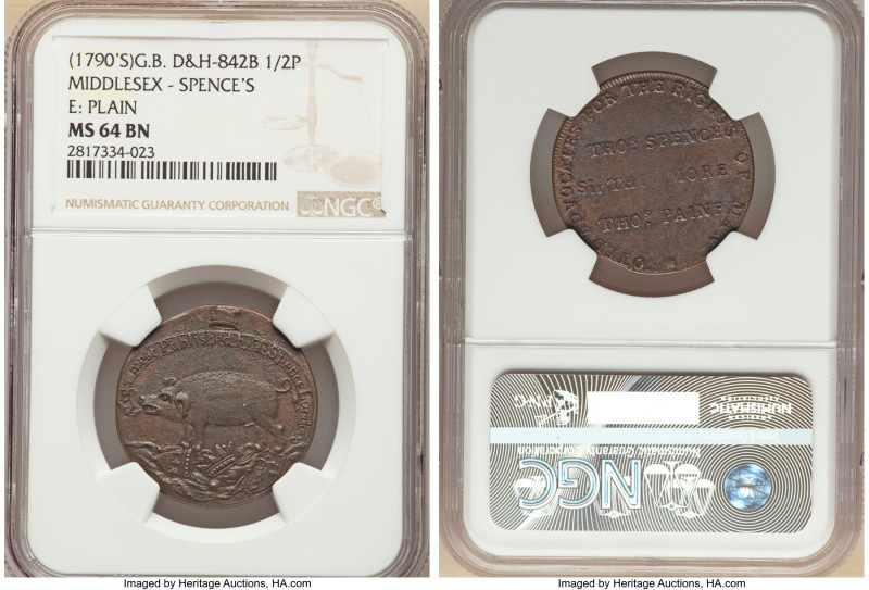 Middlesex. Spence's copper "Hog" 1/2 Penny Token ND (c. 1790's) MS64 Brown NGC, ...