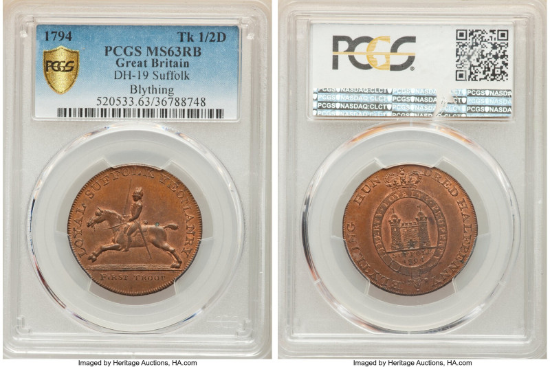 Suffolk. Blything copper 1/2 Penny Token 1794 MS63 Red and Brown PCGS, D&H-19. L...