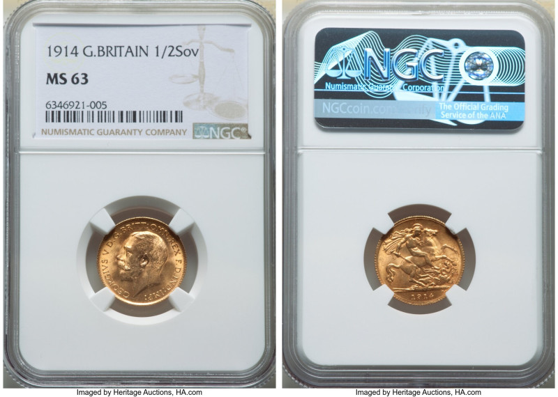 George V gold 1/2 Sovereign 1914 MS63 NGC, KM819, S-4006. Orange and lime colore...