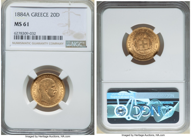 George I gold 20 Drachmai 1884-A MS61 NGC, Paris mint, KM56, Fr-18. One year typ...