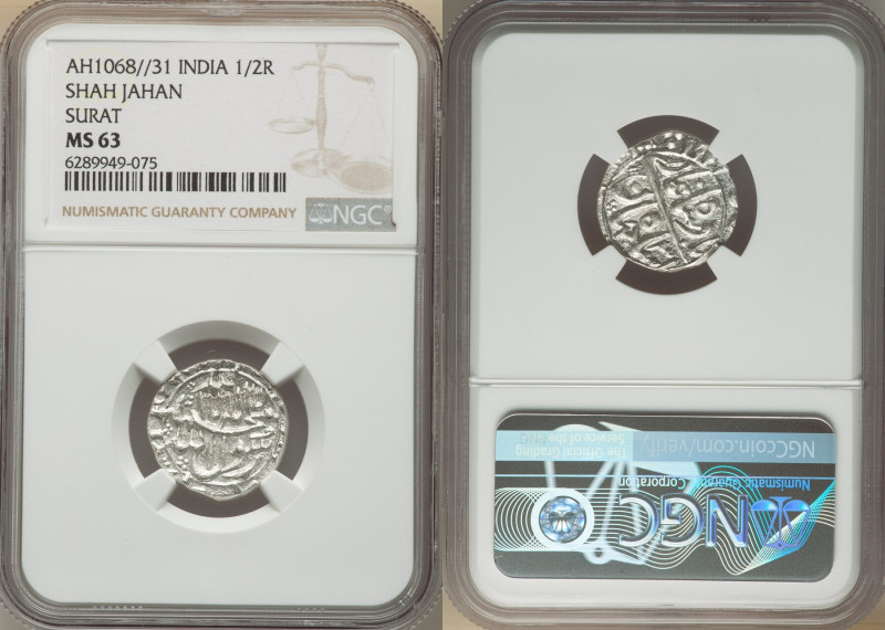 Mughal Empire. Shah Jahan 1/2 Rupee AH 1068 year 31 (1657/1658) MS63 NGC, Surat ...