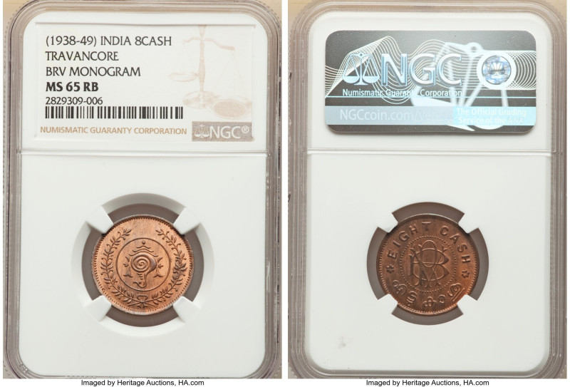 Travancore. Bala Rama Varma II 8 Cash ND (1928-1949) MS65 Red and Brown NGC, KM5...