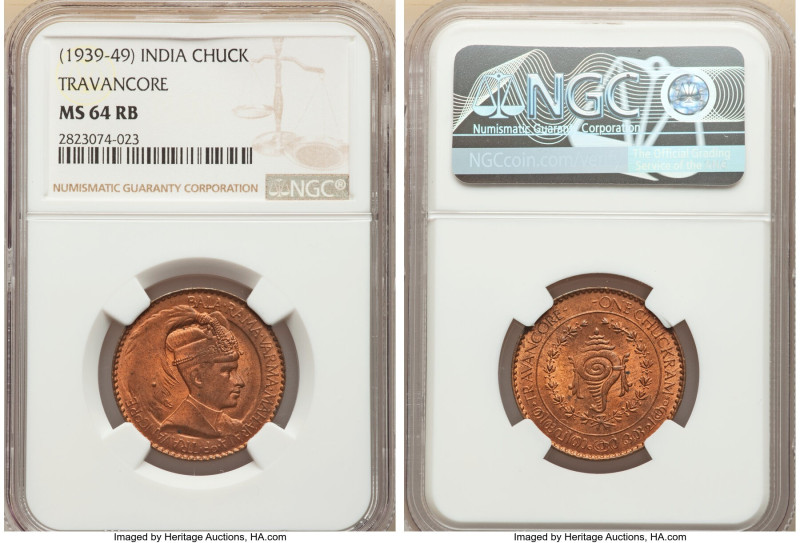 Travancore. Bala Rama Varma II Chuckram ND (1939/1940) MS64 Red and Brown NGC, K...