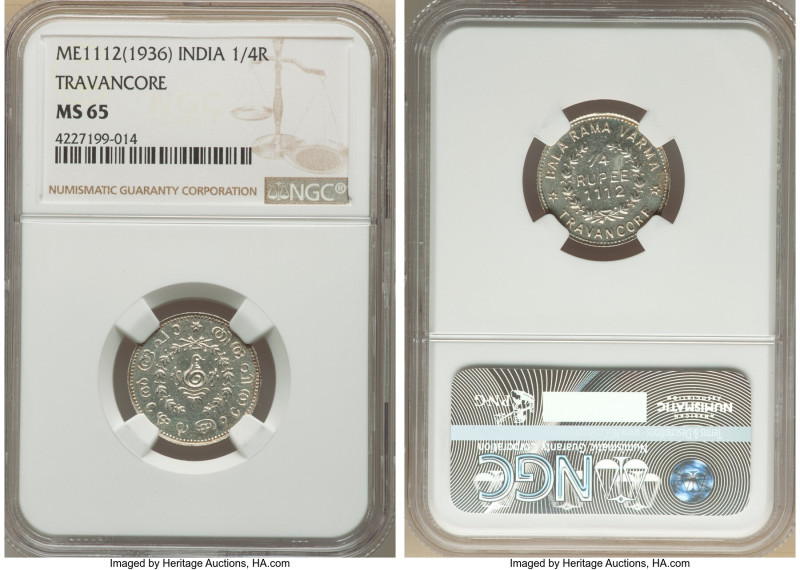 Travancore. Bala Rama Varma II 1/4 Rupee ME 1112 (1936/1937) MS65 NGC, KM62. 

H...