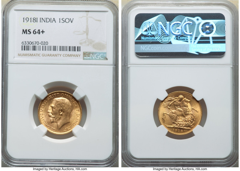 British India. George V gold Sovereign 1918-I MS64+ NGC, Bombay mint, KM-A525, F...