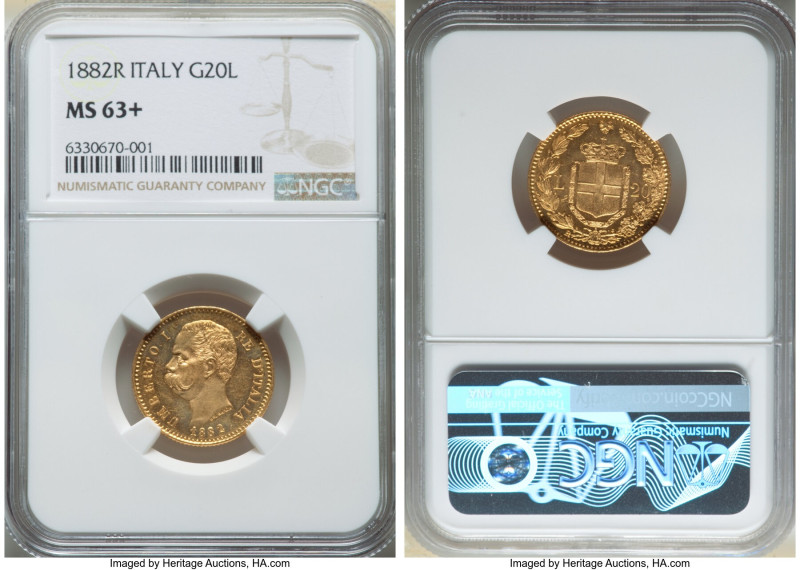 Umberto I gold 20 Lire 1882-R MS63+ NGC, Rome mint, KM21, Fr-21. Fully struck on...