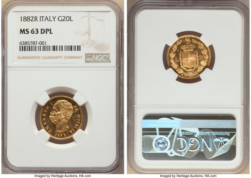 Umberto I gold 20 Lire 1882-R MS63 Deep Prooflike NGC, Rome mint, KM21. 

HID098...