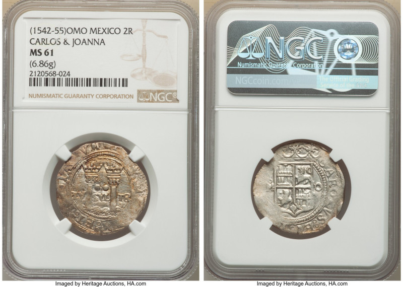 Charles & Johanna "Late Series" 2 Reales ND (1542-1555) O-Mo MS61 NGC, Mexico Ci...