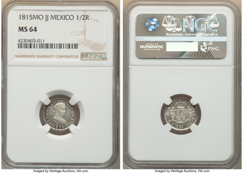 Ferdinand VII 1/2 Real 1815 Mo-JJ MS64 NGC, Mexico City mint, KM74. Powerful str...