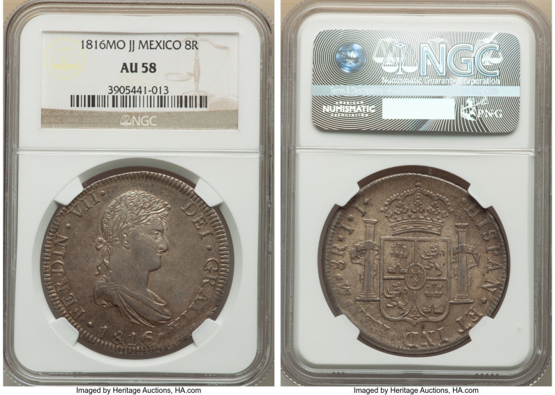 Ferdinand VII 8 Reales 1816 Mo-JJ AU58 NGC, Mexico City mint, KM111. Wet-clay co...