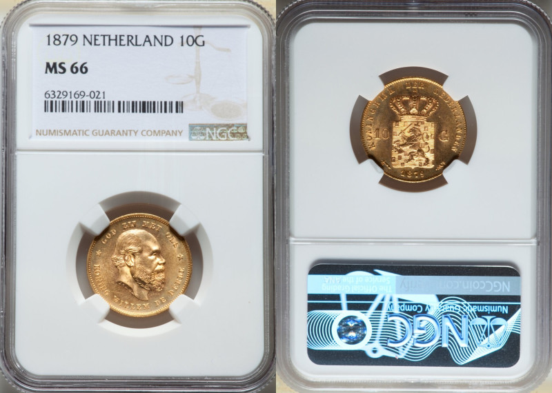 Willem III gold 10 Gulden 1879 MS66 NGC, Utrecht mint, KM106, Fr-342. Unusually ...