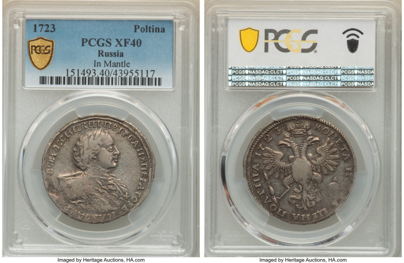 Peter I Poltina 1723 XF40 PCGS, KM161.1. Portrait with ermine mantle. 

HID09801...