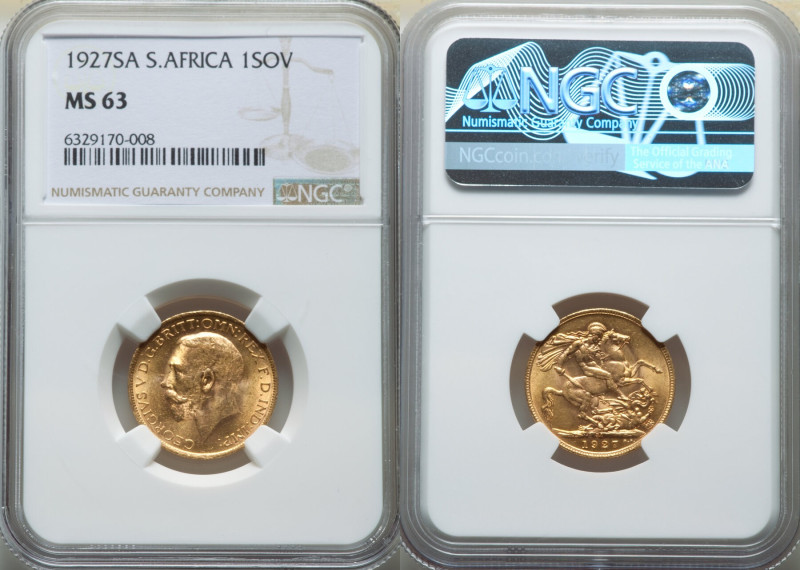 George V gold Sovereign 1927-SA MS63 NGC, Pretoria mint, KM21, Fr-5. Lustrous st...