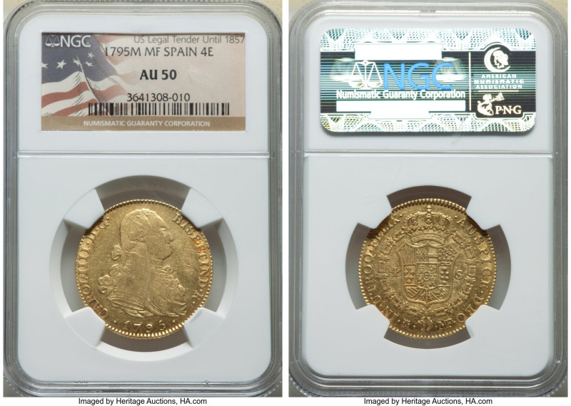 Charles IV gold 4 Escudos 1795 M-MF AU50 NGC, Madrid mint, KM436.1, Fr-294. 

HI...