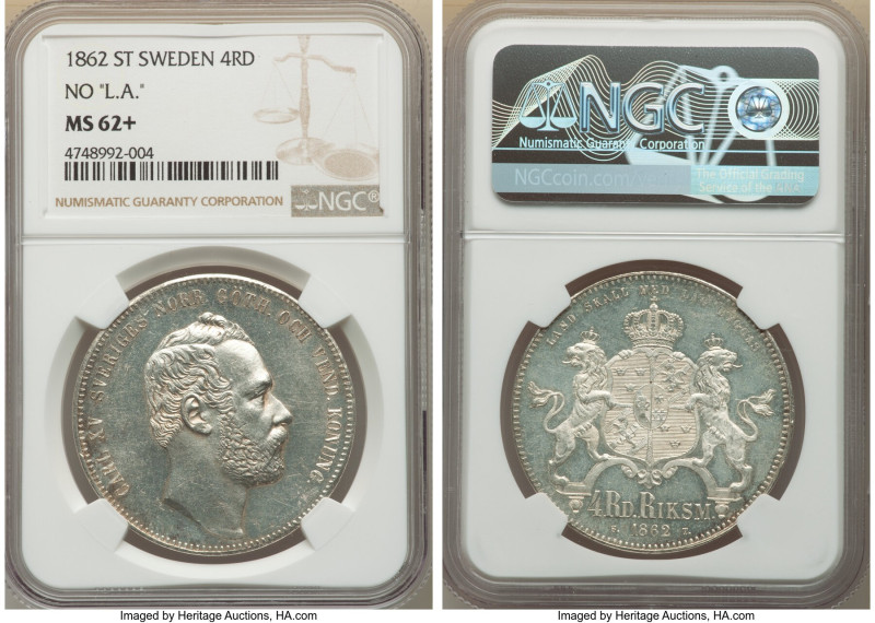 Carl XV Adolf 4 Riksdaler 1862-ST MS62+ NGC, KM711. No "L.A." initials below bus...