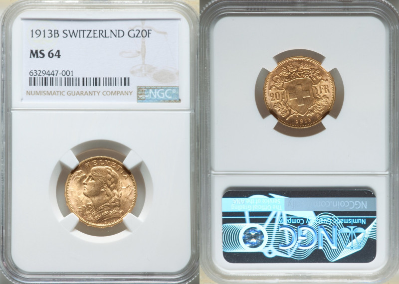 Confederation gold 20 Francs 1913-B MS64 NGC, Bern mint, KM35.1, Fr-499. Satin f...