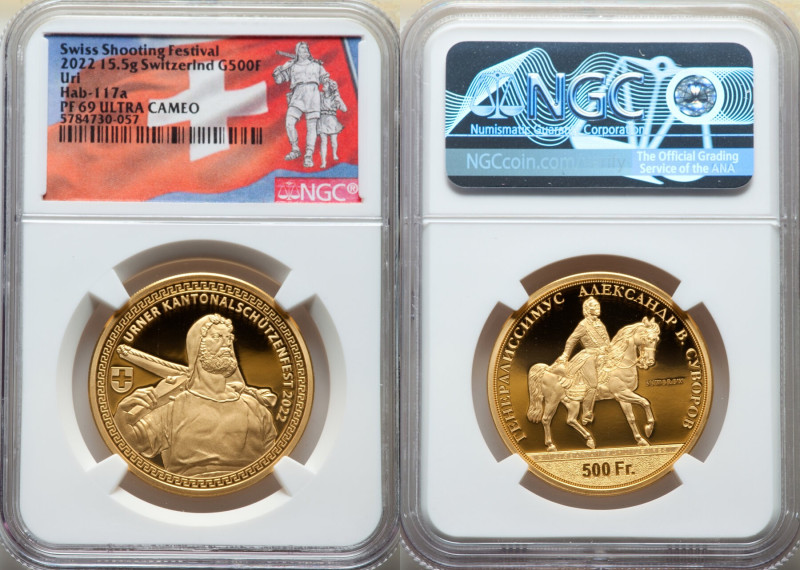 Confederation gold Proof "Uri Shooting Festival" 500 Francs 2022 PR69 Ultra Came...