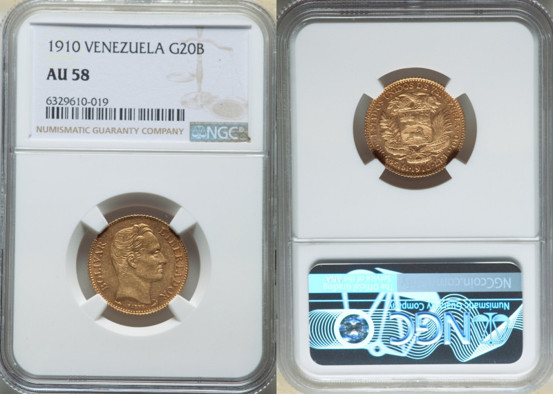 Republic gold 20 Bolivares 1910 AU58 NGC, Paris mint, KM-Y32, Fr-5c. 

HID098012...