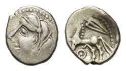Central Gaul, Bituriges Cubi, c. 1st century BC. AR Quinarius (14mm, 1.80g). Bare male head l. R/ Horse prancing l.; sword above; symbol below. D&T 34...