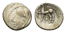 Central Gaul, Bituriges Cubi, c. 1st century BC. AR Quinarius (15mm, 1.80g). Bare male head l. R/ Horse prancing l.; sword above; symbol below. D&T 34...