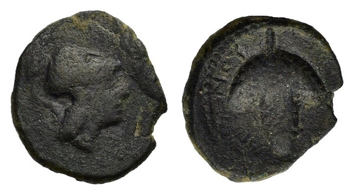 Northern Apulia, Arpi, c. 215-212 BC. Æ (15mm, 2.60). Helmeted head of Athena r....