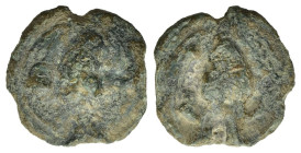 Northern Apulia, Luceria, c. 217-212 BC. Cast Æ Uncia (21mm, 9.20g). Frog. R/ Corn-ear; in field, pellet. Vecchi, ICC 349; HNItaly 677e; SNG ANS -. Gr...