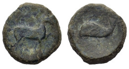 Northern Apulia, Salapia, c. 275-250 BC. Æ (18mm, 6.60g). Horse stepping r. R/ Dolphin l. HNItaly 685; SNG ANS 733. Good Fine