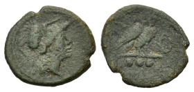 Northern Apulia, Teate, c. 225-200 BC. Æ Teruncius (20mm, 6.10g). Helmeted head of Athena r. R/ Owl standing r., head facing; three pellets below, wre...