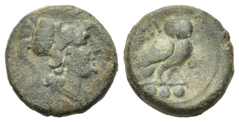 Northern Apulia, Teate, c. 225-200 BC. Æ Teruncius (22mm, 12.15g). Helmeted head...