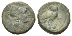 Northern Apulia, Teate, c. 225-200 BC. Æ Teruncius (22mm, 12.15g). Helmeted head of Athena r. R/ Owl standing r., head facing; three pellets below. HN...