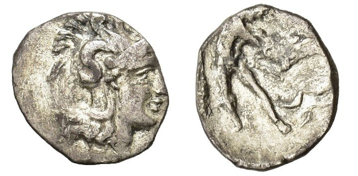 Southern Apulia, Tarentum, c. 380-325 BC. AR Diobol (11mm, 0.60g). Helmeted head...
