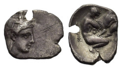 Southern Apulia, Tarentum, c. 380-325 BC. AR Diobol (13mm, 1.00g). Helmeted head of Athena r., helmet decorated with Skylla. R/ Herakles standing r., ...