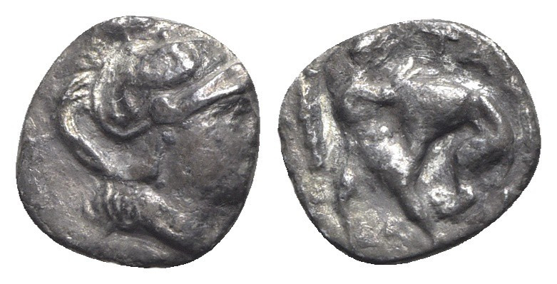 Southern Apulia, Tarentum, c. 380-325 BC. AR Diobol (11mm, 0.86g, 9h). Helmeted ...