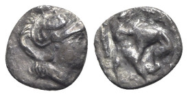 Southern Apulia, Tarentum, c. 380-325 BC. AR Diobol (11mm, 0.86g, 9h). Helmeted head of Athena r., helmet decorated with hippocamp. R/ Herakles standi...