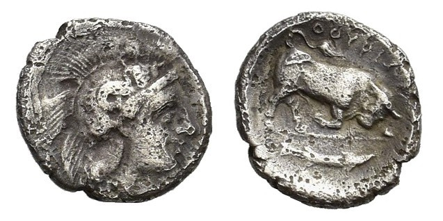 Southern Lucania, Thourioi, c. 400-350 BC. AR Triobol (12mm, 1.20g). Helmeted he...