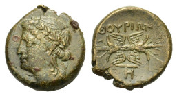 Southern Lucania, Thourioi, c. 280-213 BC. Æ (15mm, 3.40g). Laureate head of Apollo l. R/ Winged thunderbolt; monogram below. HNItaly 1927; SNG ANS -;...