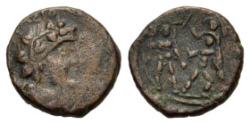 Sicily, Katane, late 2nd - early 1st century BC. Æ (20mm, 6.50g). Wreathed head of Dionysos r.; monogram to l. R/ The brothers Amphinomos and Anapias ...